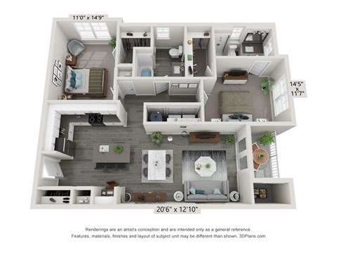 Floor plan for 2 beds, 2 baths, 1099 sqft